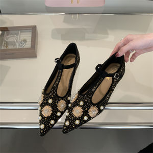 Retro Korean Style Womens Single Shoes Velvet Print Flat Bottom Pointed Toe Pearl Embellished Water Diamond Rivet Slip-On Shoes