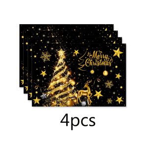 VIKAMA 4-Piece Black and Gold Christmas Placemats Easy-Clean Christmas Dinner Party Tableware Holiday Home Decor