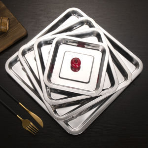 Square 304 Stainless Steel Tray BBQ Steamed Rice Plate Commercial Use Food Dish Rabbit Kitchen Utensils Chinese Style Plain Color