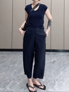 Loose Cotton Linen Casual Pants Womens plus Size Pear Shape Body Loose Slimming Nine Point Suit Pants Autumn New Style Dark Blue