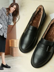 Giày Lót Lông Cừu Mùa Đông Cho Nữ Giày Da Màu Đen Giày Công Sở Đế Trung Cao Bằng Cotton Chống Thấm Nước Ấm Áp Đi Làm