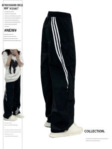 กางเกงขายาวทรงหลวมสไตล์ฮิปฮอปสีดำขาวไซส์ใหญ่สำหรับผู้หญิง กางเกงขายาวทรงตรงลำลองสไตล์ย้อนยุค สไตล์อเมริกัน ฤดูร้อน 2024