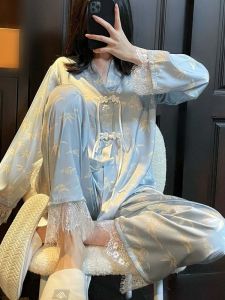 ชุดนอนผู้หญิงฤดูใบไม้ร่วง 2025 ชุดนอนไหมน้ำแข็งแขนยาวหลวมๆ สไตล์หวานๆ ลำลอง ชุดนอนสองชิ้น