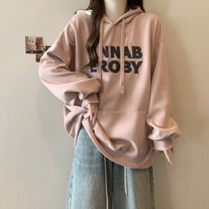 Thick Embroidery Letter Hooded Sweatshirt for Women Loose Style Korean Trendy Polyester Cotton Blend Full Sleeve Pullover
