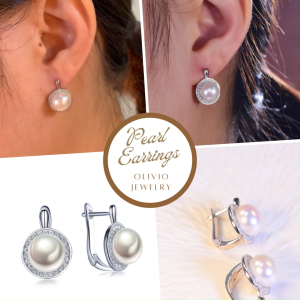 Olivio Sterling Silver Freshwater Pearl Halo Earrings with Cubic Zirconia for Bridal & Everyday Wear