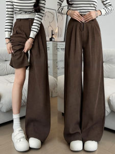 Khaki Corduroy Wide Leg Pants Womens Autumn Winter New Style Fleece Lined Slim Straight Drapey Suit Pants High Waist Pocket