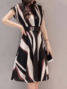 ชุดเดรสคอตั้งพิมพ์ลายเอวเข้ารูปแขนสั้นทรงเอสำหรับผู้หญิง ชุดเดรสฤดูร้อน ชุดเดรสยาวปานกลาง สไตล์อินโดจีน