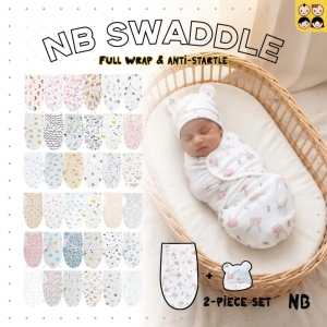 2-Pcs Set Anti-startle Full Wrap Newborn Cotton Swaddle with Hat Kain Bedung Bayi Kain Balut Bayi & Topi Bayi