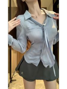 Silk Shirts Womens Slim Fit Long Sleeve Striped Waist Cinched Shirt Tops V Neck Button Closure French Style Fashion Autumn New