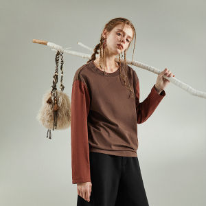 Fall Long Sleeve Loose Faux Layered Red T-shirt