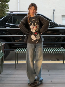 American Retro High Waist Wide Leg Denim Jeans Womens Autumn Winter New Loose Slimming Straight Long Pants Casual Style