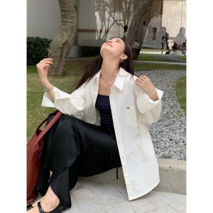 Blue Cotton Long Sleeve Shirt Womens Loose Style Korean Fashion Pure Cotton Breathable Comfortable Lazy Style Outerwear