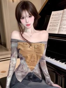 GUZILIAN | American Style Spicy Girl Rivet Tie Dye One Shoulder Irregular Long Sleeve T Shirt Autumn V Neck Base Top Casual Slim Fit