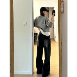 High Waist Wide Leg Denim Jeans Womens Loose Fit Vintage Straight Leg Floor-Length Pants Black Grey Long Jeans