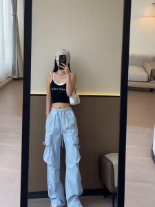 Overall Fungsional Banyak Saku Wanita Korea Overall Besar Tali Serut Bawah Kaki Lebar Celana Panjang Hitam Kulot Casual Linen Baju Karet Casua