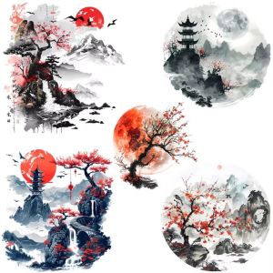 2PCS Chinese Style Heat Transfer for Clothes DIY T-shirt Washable Iron-on Thermal Sticker Landscape Painting Patches Applique