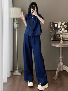 LIANGYILAILIN | Youthful Retro Style Denim Shirt and Wide Leg Pants Set