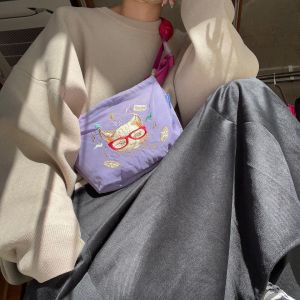 Cute Fresh Embroidered Ball Chain Canvas Crossbody Womens Bag Eco-friendly Shoulder Handbag Casual Commuter Chest Bag