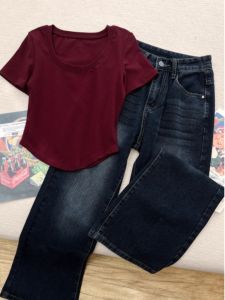 Red Wine U-Neck Short Sleeve T-Shirt Womens Fashion Summer New Irregular Hem Short Top Cotton round Neck Overhead Shirt