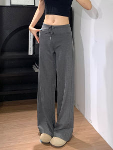 Gray Drawstring High Waist Straight Leg Pants Womens Spring Autumn Loose Wide Leg Trousers Comfortable Breathable Casual Pants