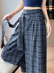 Quần Ống Rộng Kẻ Caro Cổ Điển Cho Nữ Mùa Hè Mỏng Thiết Kế Cao Cấp Cạp Cao Thắt Lưng Rộng Rãi Thoải Mái Quần Sakamoto