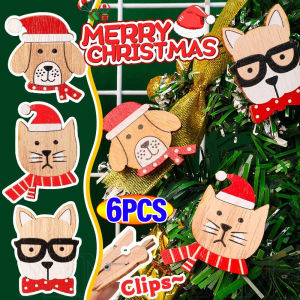 6Pcs Christmas Wooden Clips Cartoon Cat Dog Photo Clip Photo Wall DIY Festival Party Atmosphere Decoration Clamp Home Xmas Tree Decorative Clip