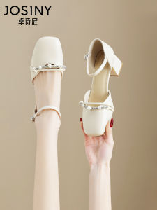 Josiny Womens High Heels Sandals with Pearl Buckle Low Cut PU Leather Princess Style Footwear for Spring Summer Autumn