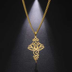 Skyrim Unalome Lotus Flower Pendant Necklace Stainless Steel Gold Color Chain for Women Yoga Buddhism Spiritual Jewelry Gift