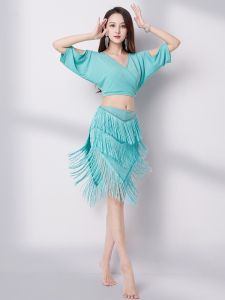 2024 เซ็กซี่ คอวี มีพู่ห้อย กระโปรง ชุด Belly Dance เครื่องแต่งกายฝึกสวมใส่ ผู้หญิง แฟชั่น ผ้าซาติน Skims เดรสรัดรูป เดรส