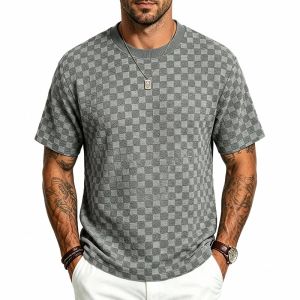 European and American summer mens heavy checkerboard loose round neck simple casual sports short-sleeved T-shirt