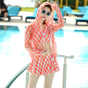 Womens Conservative Two-Piece Swimsuit Sunscreen Large Size Thermal Spa Cover up Slimming New 2024 Three-Piece Set