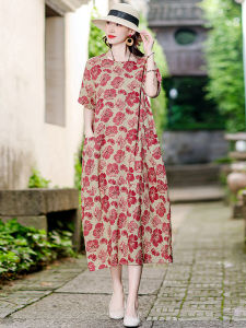 Elegant Noil Poplin Dress Summer Middle-Aged and Elderly Women plus Size Classy Ladieswear Loose Slim Looking Linen Dress