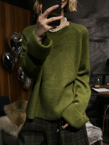 QINGNAER | Retro Loose Big Size Knit Sweater Dark Green