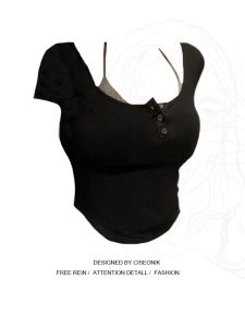 Summer 2023 New Womens Fashion Large Size Two-Piece Set: Color Block Short Sleeve T-Shirt Top with Necklace Pendant