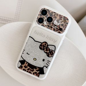 Sanrio | Cute Cartoon Leopard Print Bow Hello Kitty Glitter Matte Phone Case For iphone 17 16 15 Pro Max Lens Protective PC Back Cover