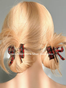 French British Style Red and Black Combo Plaid Bows Acetate Grip Playful Cute Hairpin Young Adult Shark Clip Hair Accessories