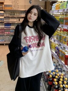 Early Spring Black White Color Block American Shoulder Sleeve Long Sleeve Spring Autumn Style Pure Cotton Inner Wear T Shirt Women Lazy Style Loose Top