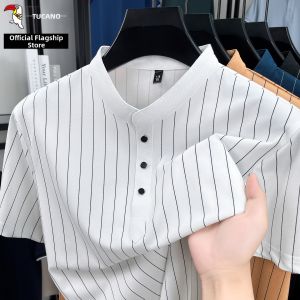 TUCANO | Summer New Chinese Style Ice Silk Polo Shirt Stand Collar Vertical Stripe Half Placket Men T-Shirt