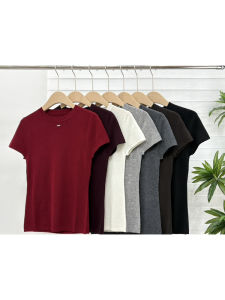 เสื้อยืดคอกลมแขนสั้นผ้าถักนิตติ้งผ้าขนสัตว์บาง ทรงสลิมฟิต คอกลม แขนสั้น สำหรับผู้หญิง เสื้อผ้าทำงานฤดูใบไม้ผลิและฤดูใบไม้ร่วง