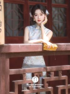 Blue Vintage Chinese Inspired Modified Floral Embroidered Sleeveless Fitted Dress