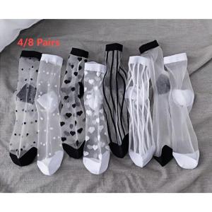 4/8 Pairs Crystal socks spring and summer thin transparent socks transparent mid-calf Korean socks polka dots striped socks