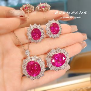 Elegant Red Corundum Pendant Necklace Diamond-Studded Fashionable Simple Personality Pink Diamond Ring Earring Jewelry Set for Women