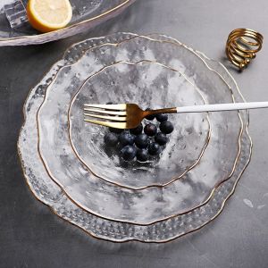 Nordic Style Gold Rimmed Glass Fruit Plate Dessert Salad Bowl Snack Candy Tray Irregular Shape 10 Inch Handmade Flat Plate