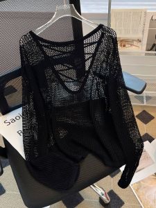 Black Thin Ice Silk Knitted Top Womens Large Size Loose Lazy Style Sun Protection Cover up Hollow out Design Commute Friendly