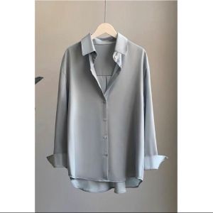 kemeja wanita saten lengan panjang / atasan kemeja saten kekinian UK MLXLXXL 3XL