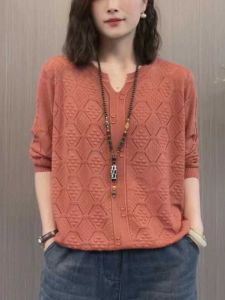 V-Neck Knitted Sweater Vintage Long Sleeve Hollow out Design Womens Overhead Top Spring Autumn Fashionable Twist Yarn