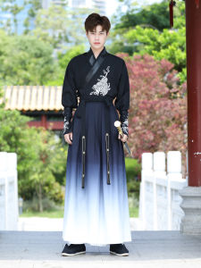 Original Hanfu Mens Wind Wei Jin Style Embroidered Performance Suit Set Knitted Polyester Summer Casual Youth Fashion