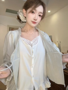 AB [ready stock] Elegant Chiffon Square Neck Blouse with Ruffle Sleeves and Button Detail