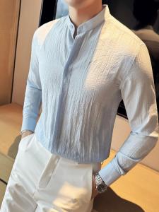 Business Casual Linen Shirt Mens Long Sleeve Thin Model Stand Collar Comfortable Breathable Wrinkle Design Youth All Seasons