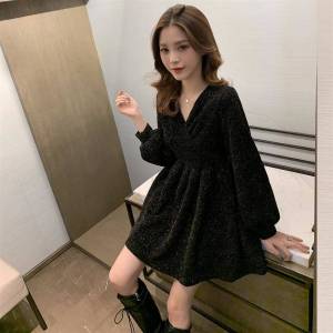 Shiny Sequin High Waist V-Neck Dress A-Line Midi Skirt Hepburn Style plus Size Slimming Black Dress Autumn Long Sleeve